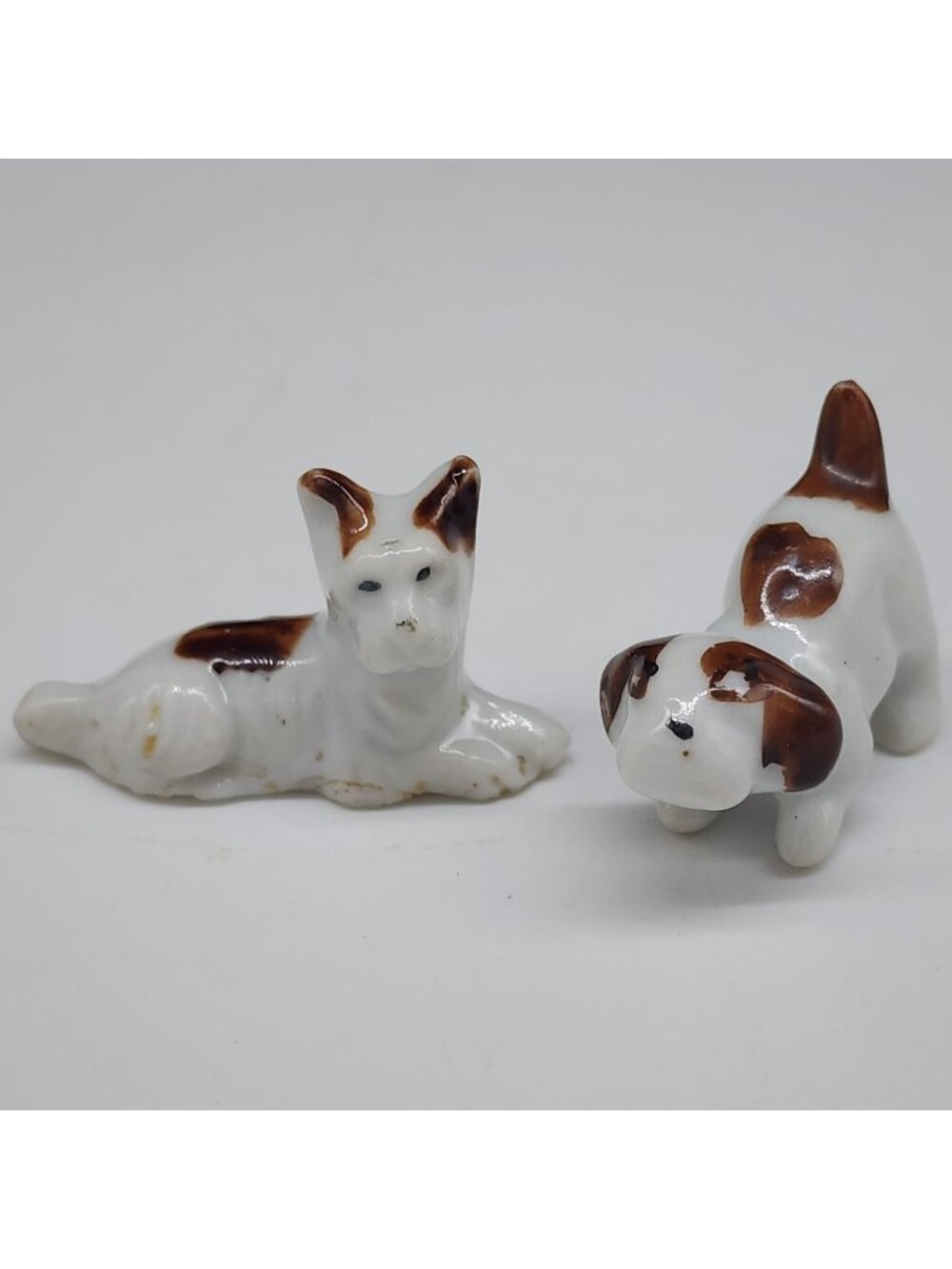 Miniature Porcelain Dog Figurines 1.75" Brown and White Japan